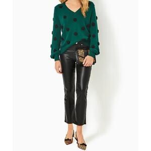 Lilly Pulitzer Womens M Green Black Floral Wylan Cotton Knit V-Neck Sweater NEW